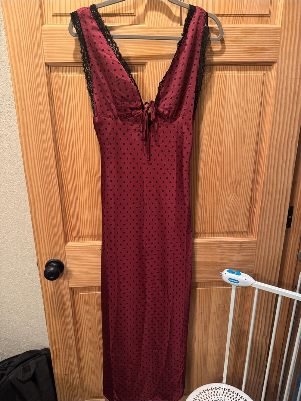 Women's Burgundy Polka Dot Lace-Trim Maxi Dress